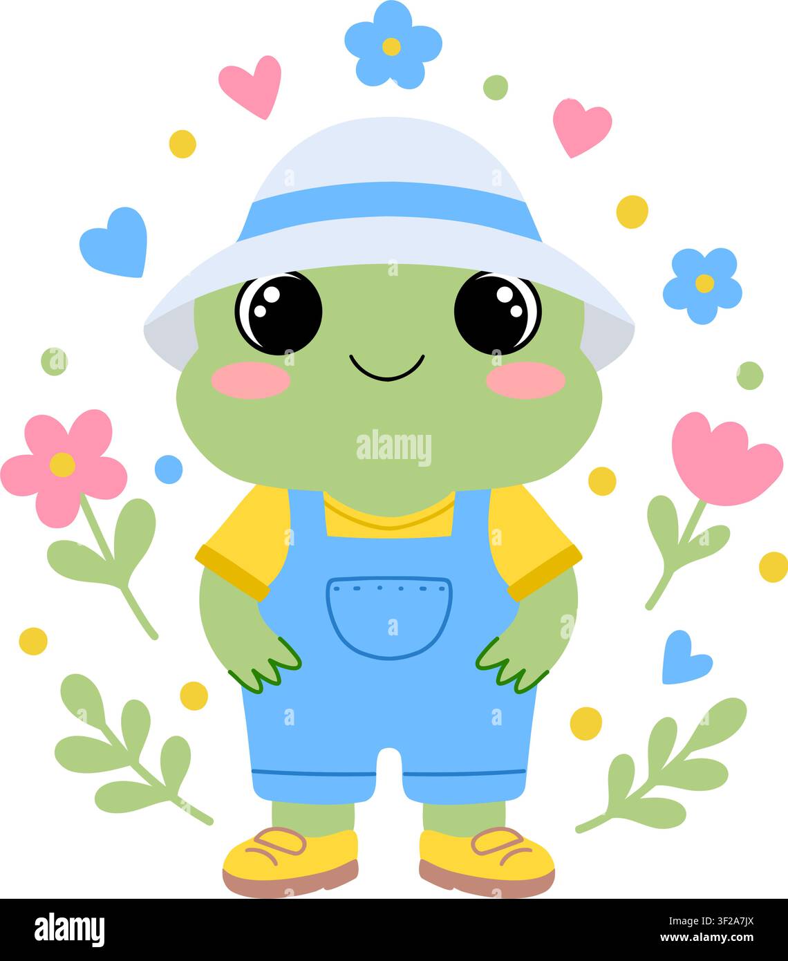 Jungenfrosch-Charakter in blauen Latzhosen und Sonnenhut mit Blumen. Vektor-Maskottchen isoliert auf weißem Hintergrund. Stock Vektor