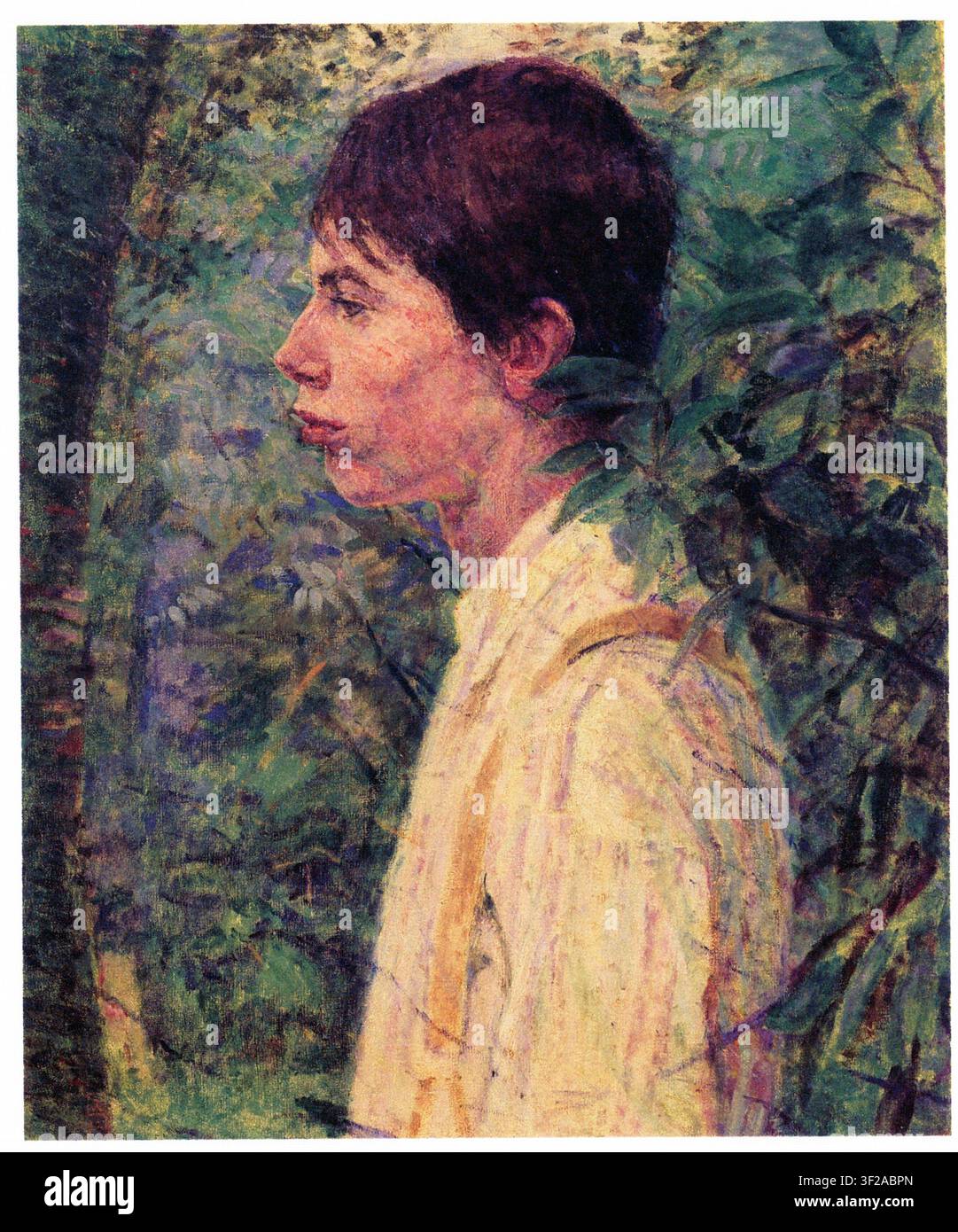 Théo van Rysselberghe, Junger Mann in einem Garten 1924; der junge Mann ist in einem strengen, fast medaillonartigen Profil dargestellt, von der Brust an aufwärts gezeigt Stockfoto