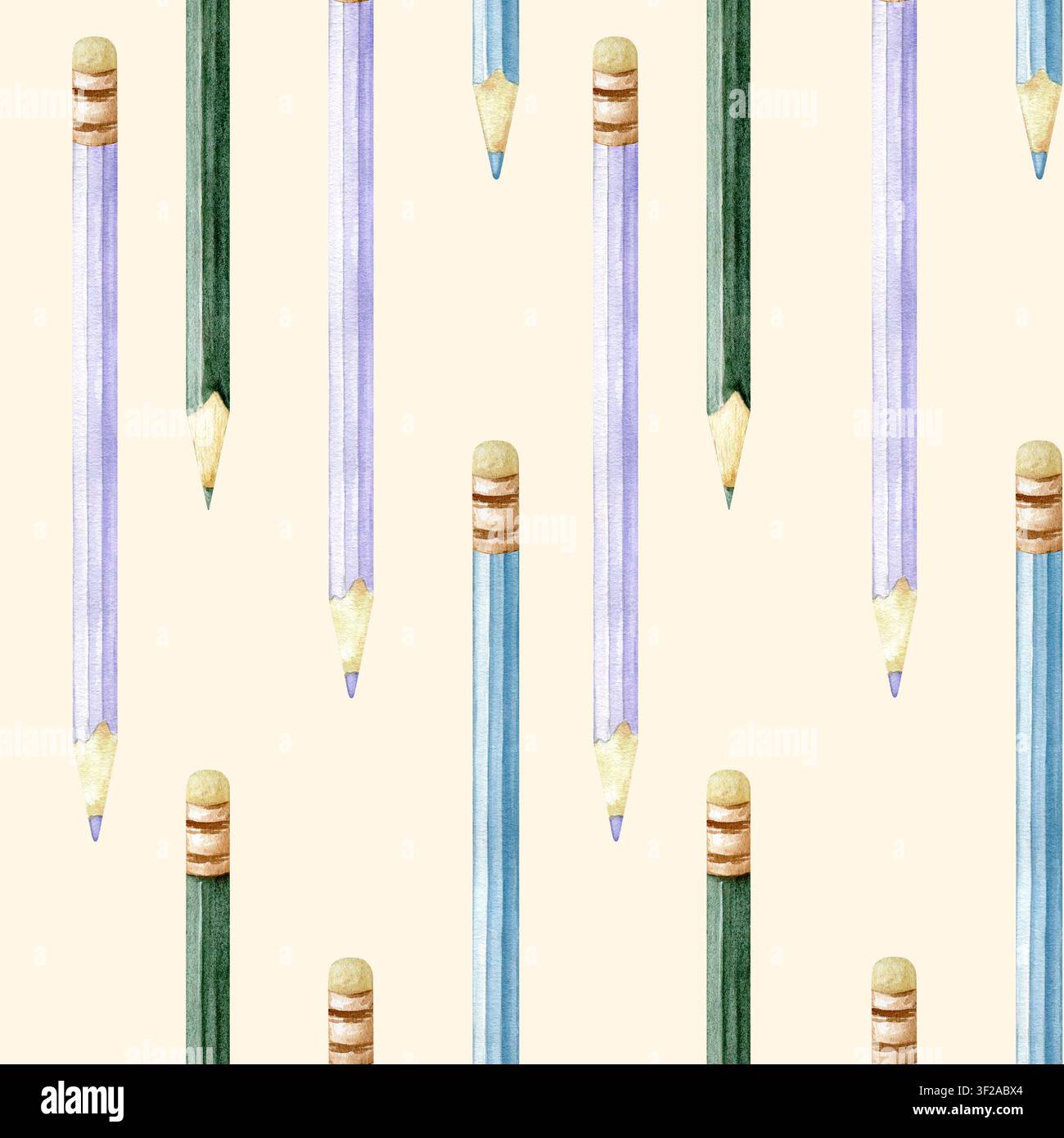 Nahtloses Aquarellmuster mit Bleistiften auf einem weichen cremefarbenen Hintergrund. Minimalistisches Schul- und Bürod Design für Geschenkpapier, digitale Planer Stockfoto