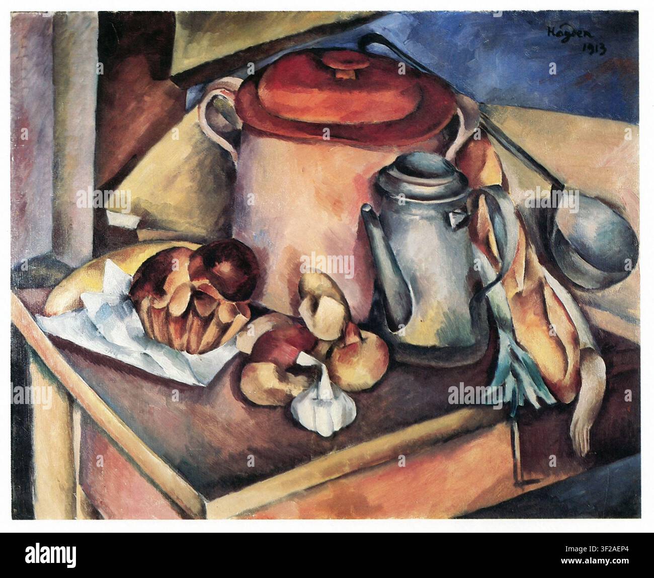 Henri Hayden, Der Küchentisch 1913; Geschirr und Lebensmittel auf einem Holztisch ausgebreitet – im Fokus steht ein großer rosa-beiger Topf mit rotem Deckel Stockfoto