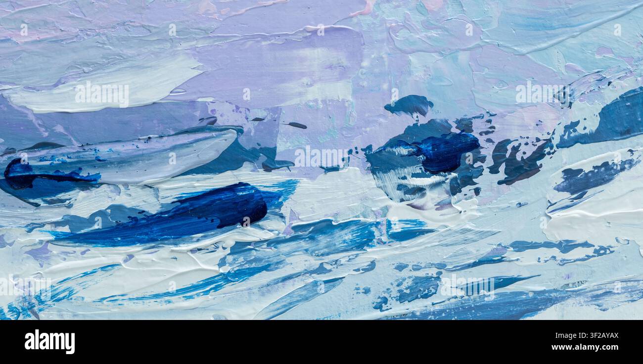 Mehrere Kunstwerke sind mit Öl und Acryl gemalt. Die Kunstwerke zeigen sowohl vollständige Stücke als auch Teile der Werke. Verwendete Farben umfassen Blau, Weiß Stockfoto