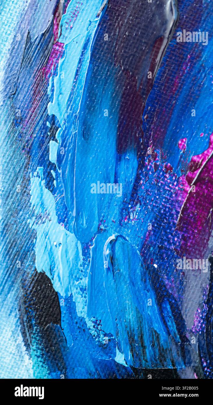 Farbenfrohe Bilder werden durch Öl- und Acrylfarben gezeigt. Das Kunstwerk umfasst vollständige Stücke und Abschnitte, die verschiedene Details und Muster hervorheben. Stockfoto
