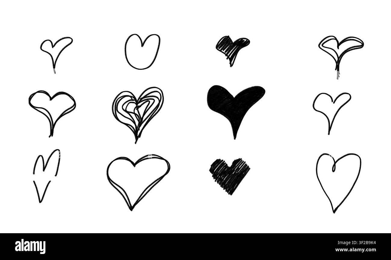 Sammlung von handgezeichneten schwarzen Tintenhertzen für den Valentinstag Stockfoto