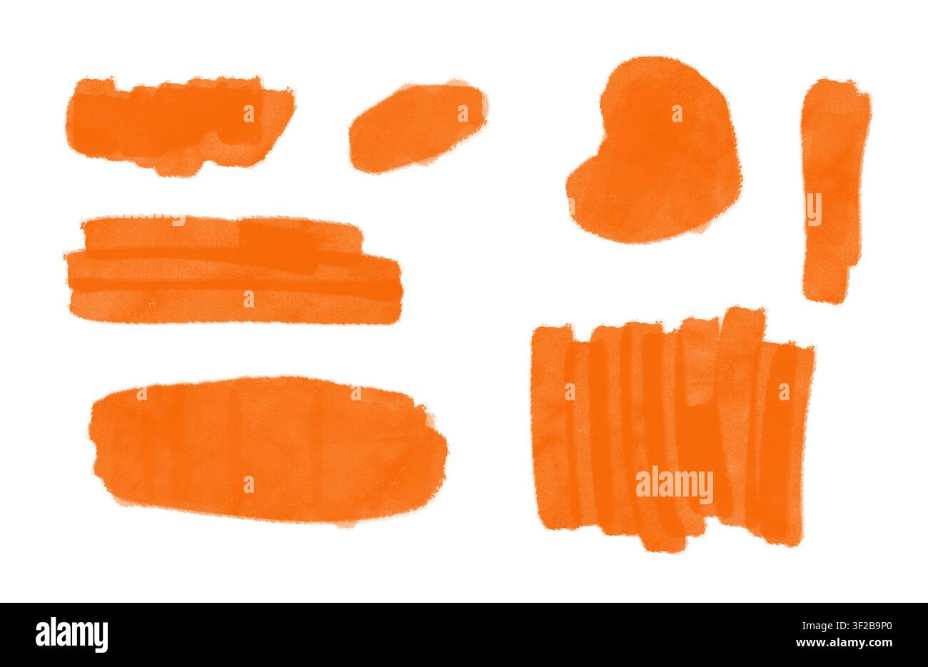 Orange Wasserfarben-Marker-Pinselstriche und abstrakte Farbflecken auf weißem Hintergrund Stockfoto