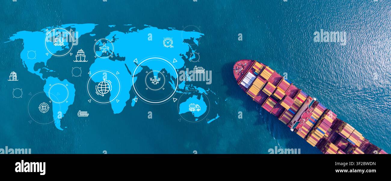 Luftbild eines Containerschiffes mit Weltkartennetz, Containerschiff im Import-Export-Logistik-Frachtverkehr, Geschäftslogistik-Transport Stockfoto