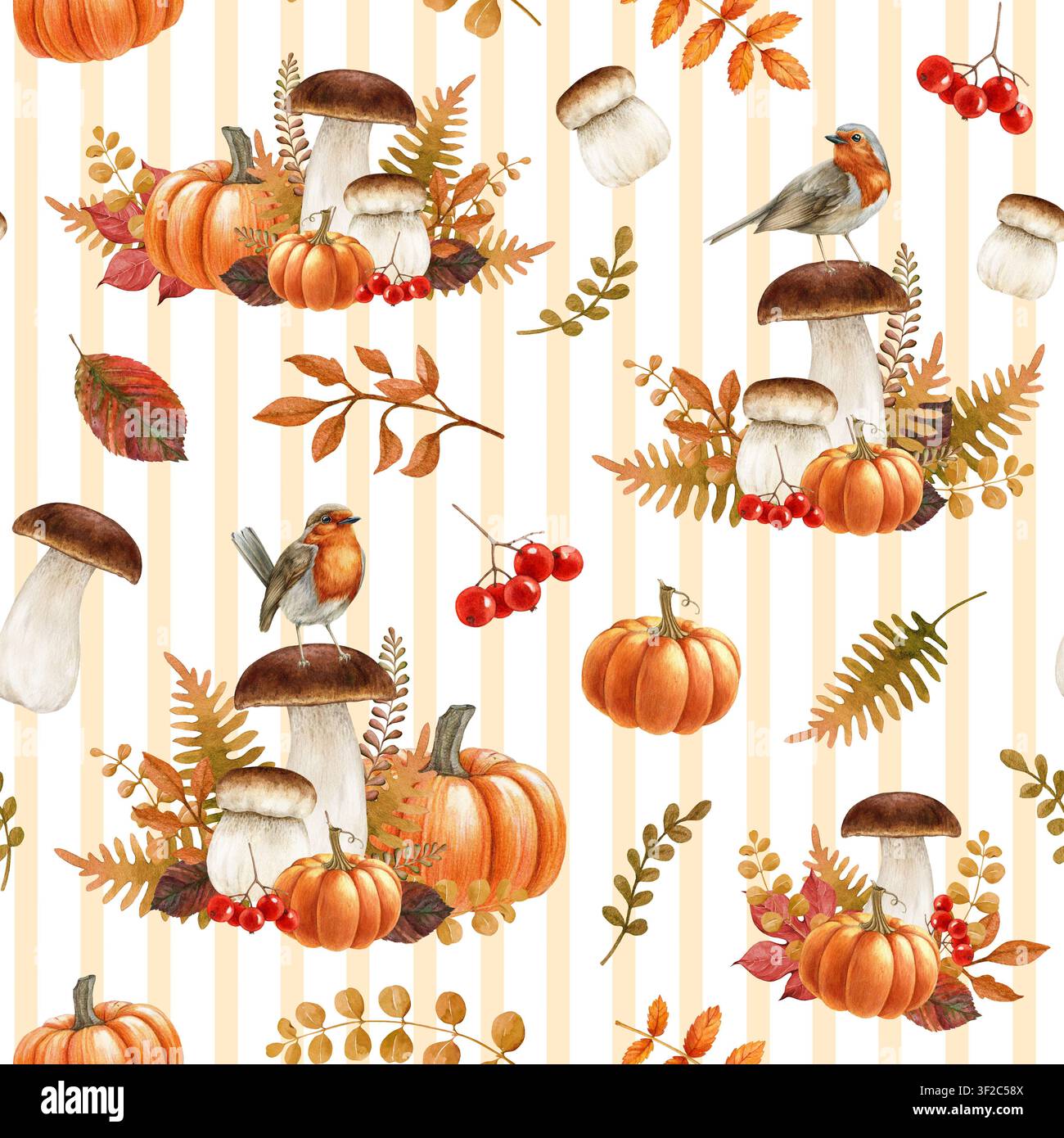 Herbstliches, leuchtendes Nahtlosmuster mit Waldpilzen, Kürbissen, Beeren und Laub auf gestreiftem Hintergrund. Handgezeichnetes Aquarellgemütliches Herbstmuster Stockfoto