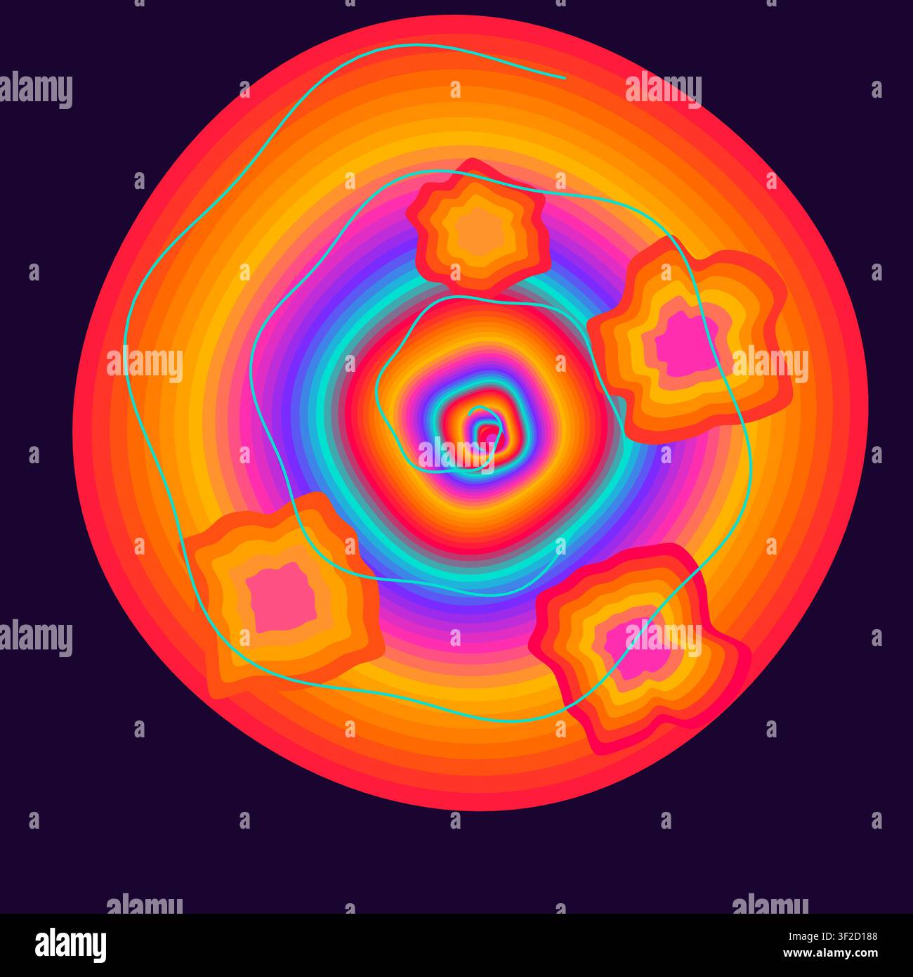 Das Design zeigt eine kräftige psychedelische Spirale mit leuchtenden Regenbogenbändern und flüssigen Blasen. Eine wirbelnde Spirale aus Bewegungslinien verstärkt den hypnotischen Effekt Stock Vektor