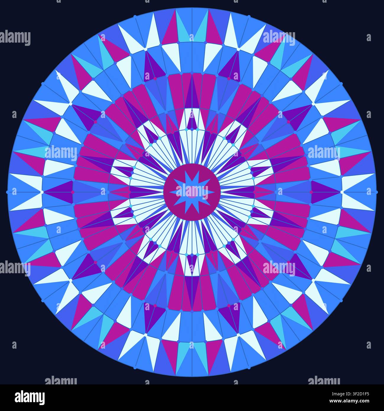 Dieses Kunstwerk zeigt ein kreisförmiges geometrisches Design mit einem Sternenmuster in den Farben Blau, Rosa und Weiß. Das Design besteht aus symmetrischen Formen Stock Vektor