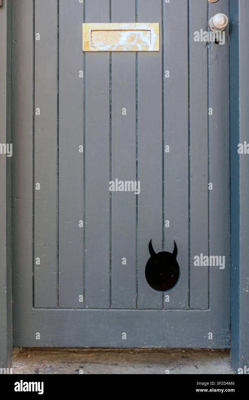 Amüsanter Katzenklappen-Eingang Stockfoto