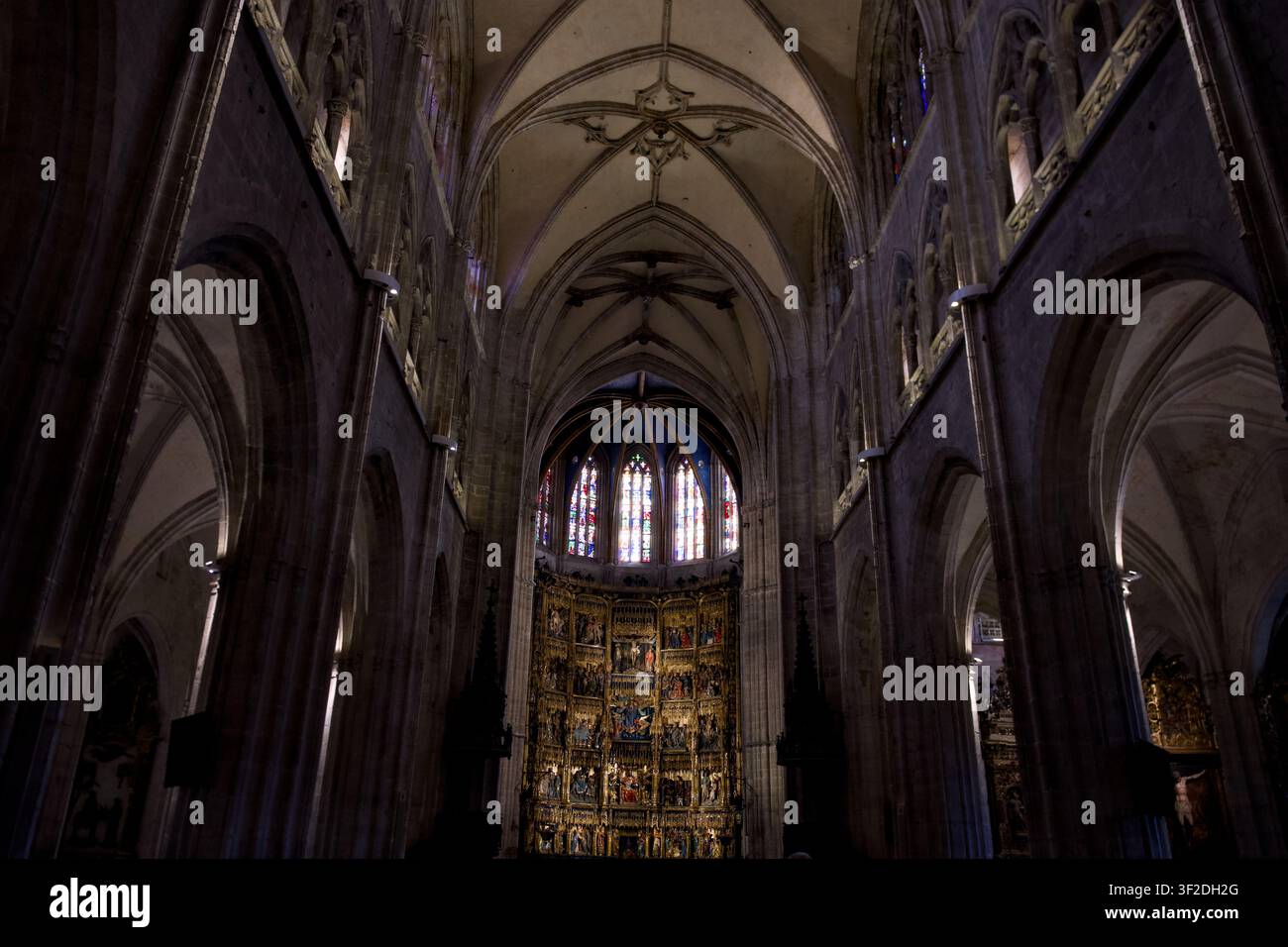 Rippengewölbe, die zur farbigen Glasfenster-Kathedrale von Oviedo in Spanien führen Stockfoto