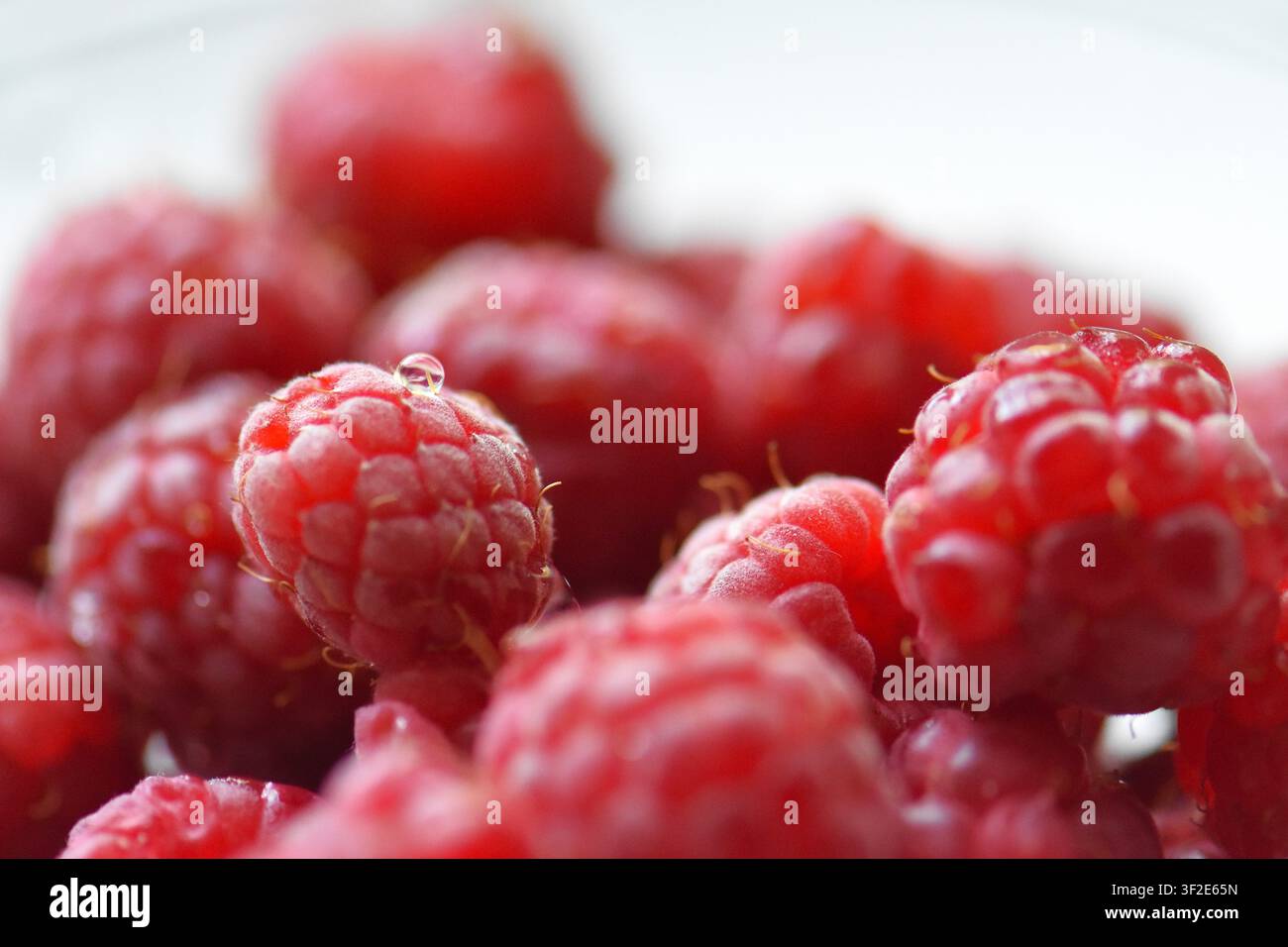 Frische reife Himbeeren in einer Glasschale auf weißem Hintergrund Stockfoto