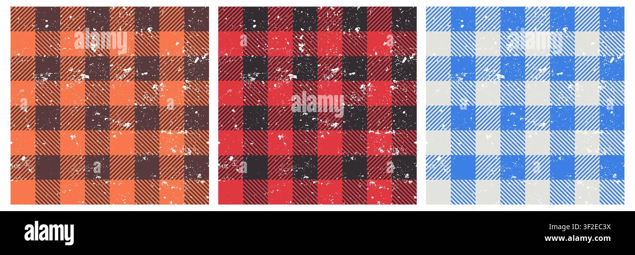 Vektor-Plaid-nahtloses Muster-Set mit Tartan-Karomuster und abnehmbarer Grunge-Textur. Roter, blauer und orangefarbener Gingham-Hintergrund mit abgenutzter, zerkratzter Oberfläche Stock Vektor