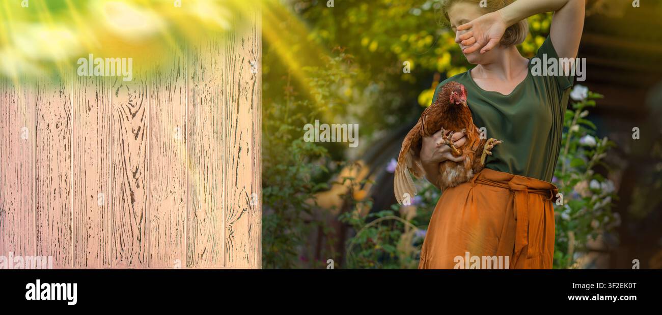 Frau hält eine Legehenne in der Nähe des Hühnerstalls in einer Außenfarmumgebung. Freilauf-Hähnchenhaltung, nachhaltige Landwirtschaft und die Produktion frischer Eier schaffen Stockfoto