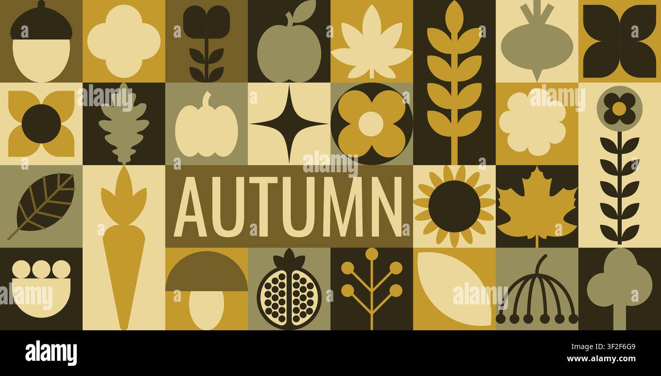 Horizontales Herbst-Banner mit geometrischen saisonalen Symbolen in erdigen Tönen Stock Vektor
