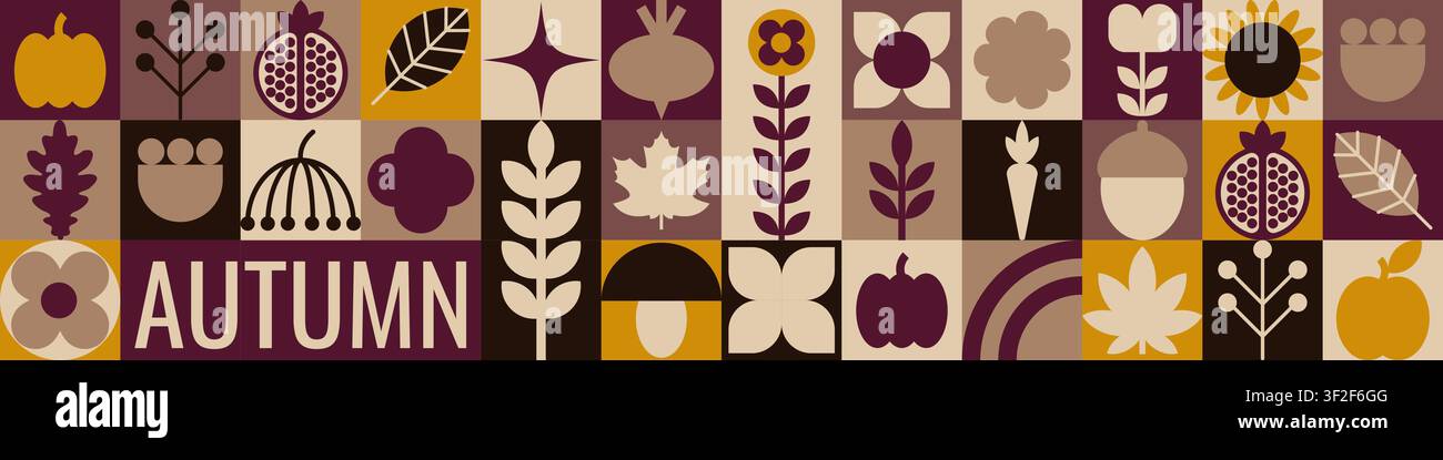 Lange Herbst-Banner mit geometrischen Blättern, Kürbissen und Granatäpfeln Stock Vektor
