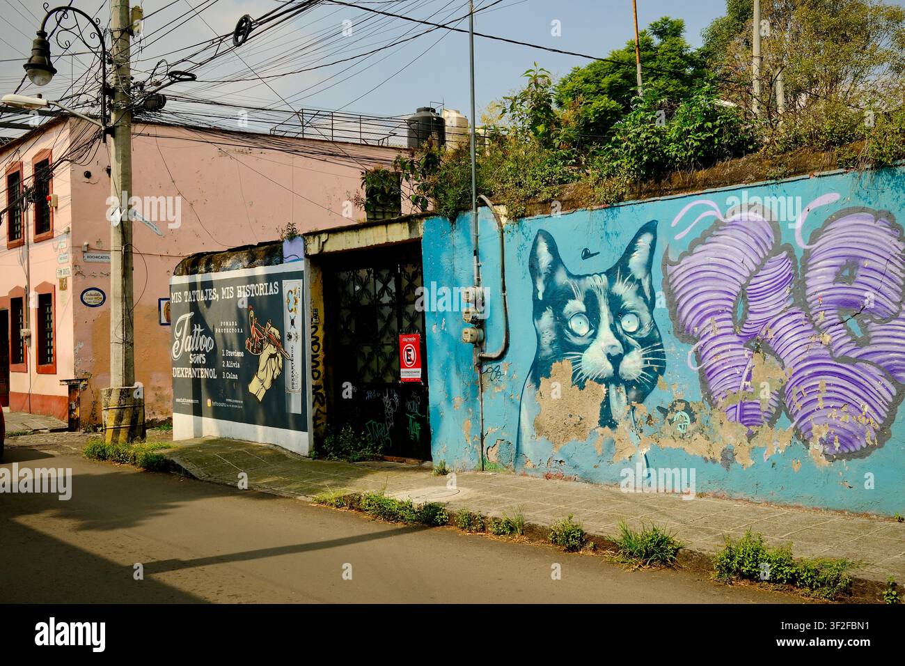 Mexico-Stadt, CDMX, Mexiko – 6. September 2025: Charmante Coyoacan-Straße mit Wandmalereien Stockfoto