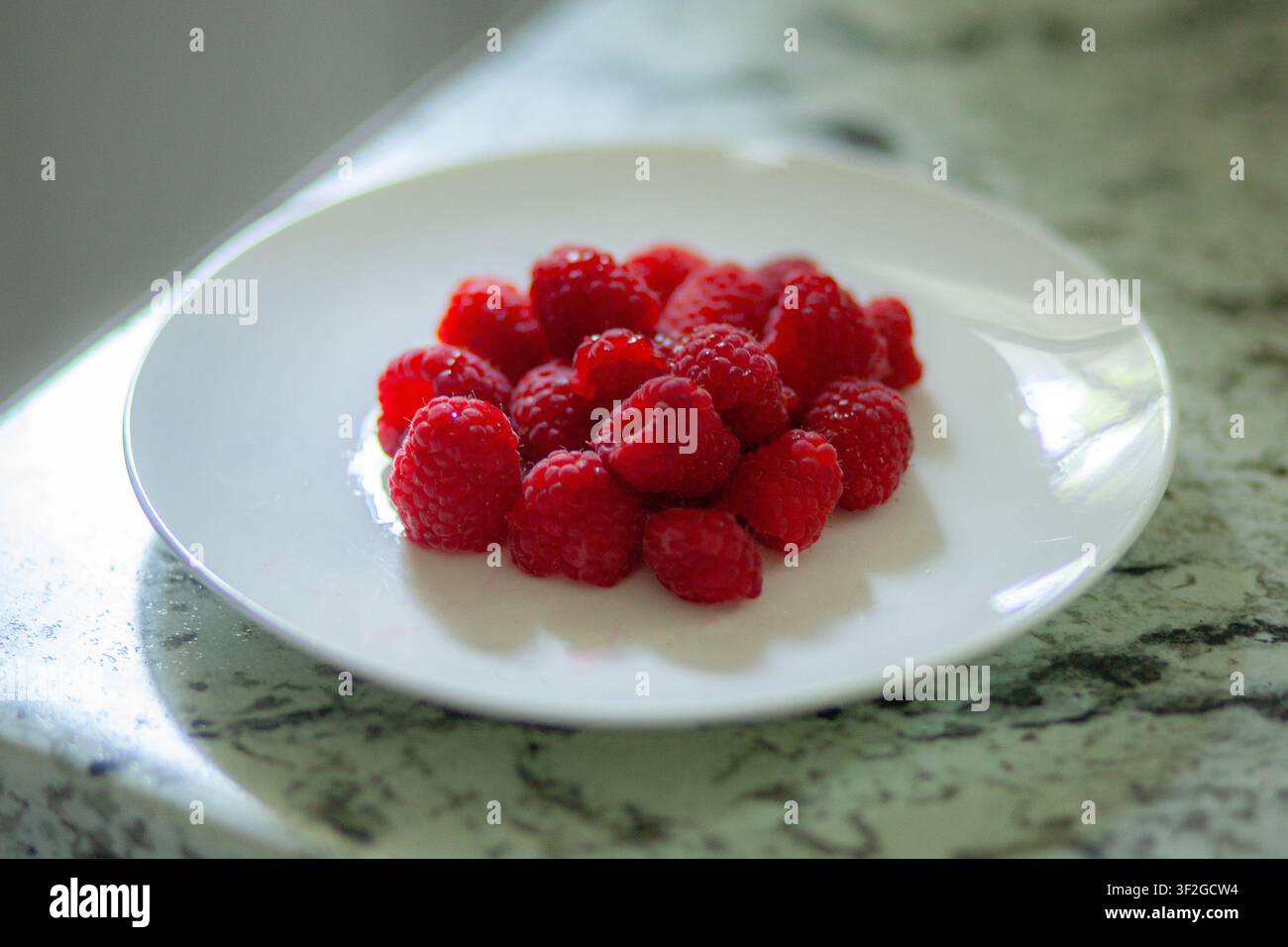 Teller mit Himbeeren auf einer Küchentheke unter natürlichem Licht Stockfoto