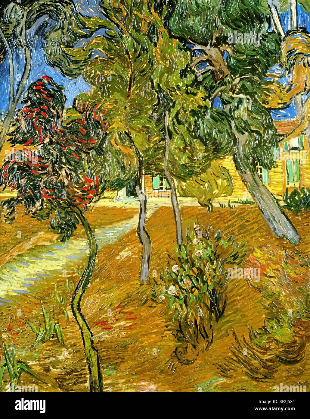 Vincent van Gogh – Bäume im Garten der Heilanstalt, 1889 Späte Periode Postimpressionistisches Landschaftsgemälde in Öl auf Leinwand Stockfoto