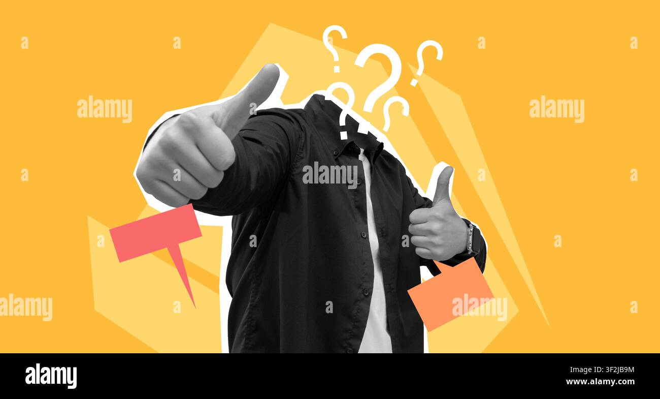 Unerkennbarer Mann gibt Daumen-hoch-Geste, gelber Hintergrund, positives Vibe-Konzept Stockfoto