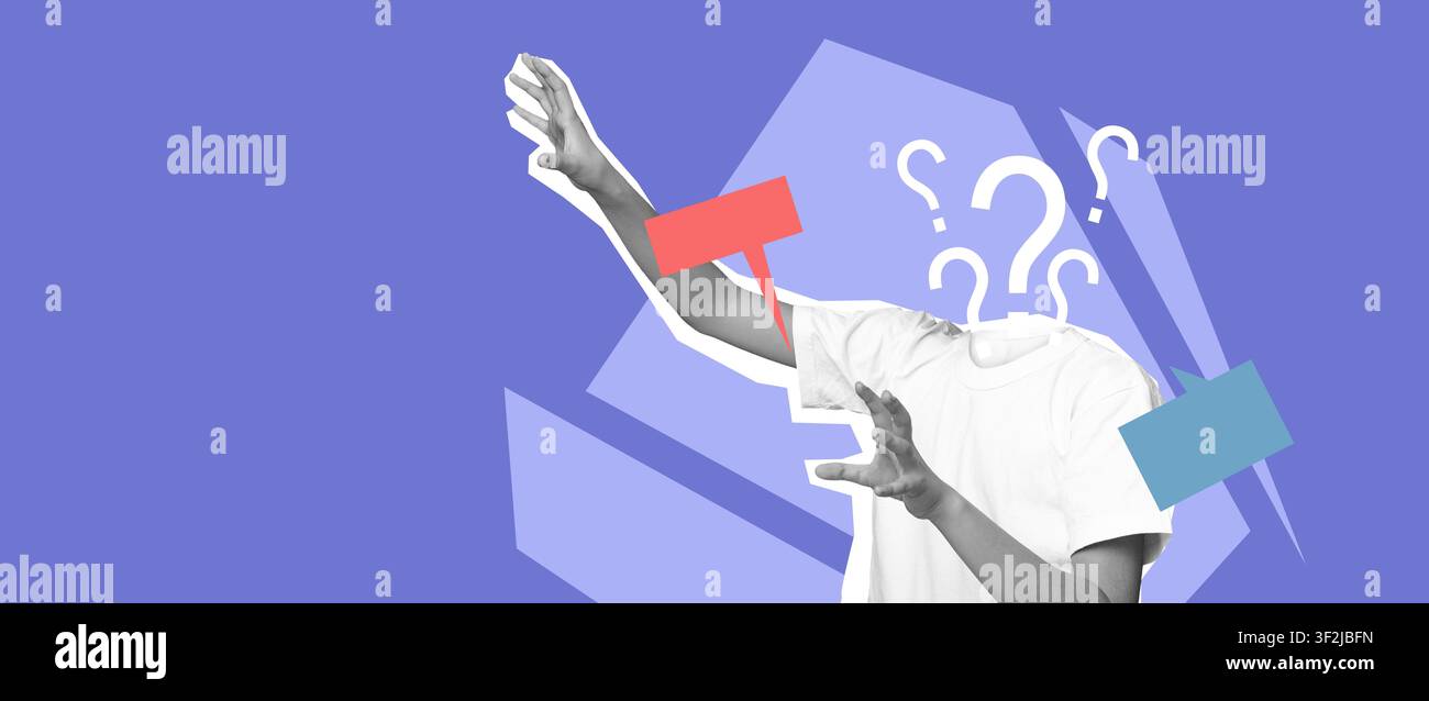 Unerkennbare Person zeigt eine offene Handgeste mit farbenfrohen Sprechblasen, Konzept der Kommunikation Stockfoto
