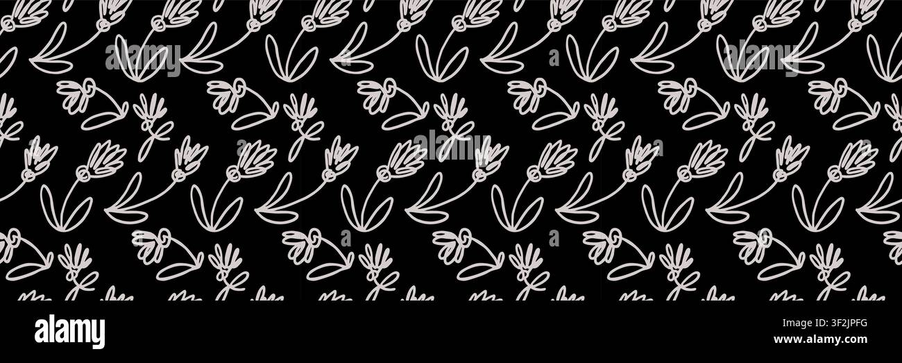 Handgezeichnetes Doodle-Blumenmuster als Nahtloses Muster auf schwarzem Hintergrund Stock Vektor