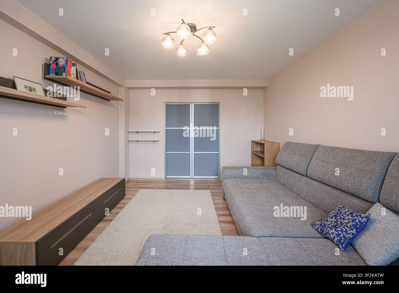 Gemütliches Wohnzimmer mit einem grauen Sofa, Holzregalen, einem hellen Teppich und sanfter Beleuchtung Stockfoto