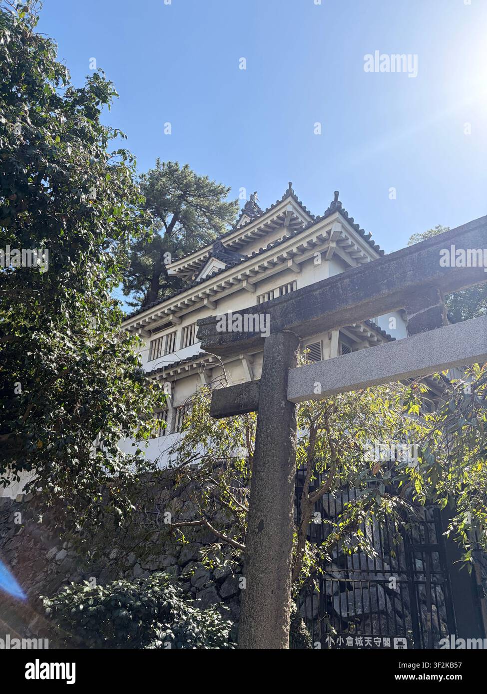 9. Oktober 2025, Kitakyushu, Japan – Dramatischer Blick von unten nach oben auf das mehrstufige Pagoden-Dach von Kokura-Schloss und den steinernen Torii-Pfeiler, eingerahmt von grünen Bäumen vor blauem Himmel. - Smartphone-aufgenommenes Stockfoto