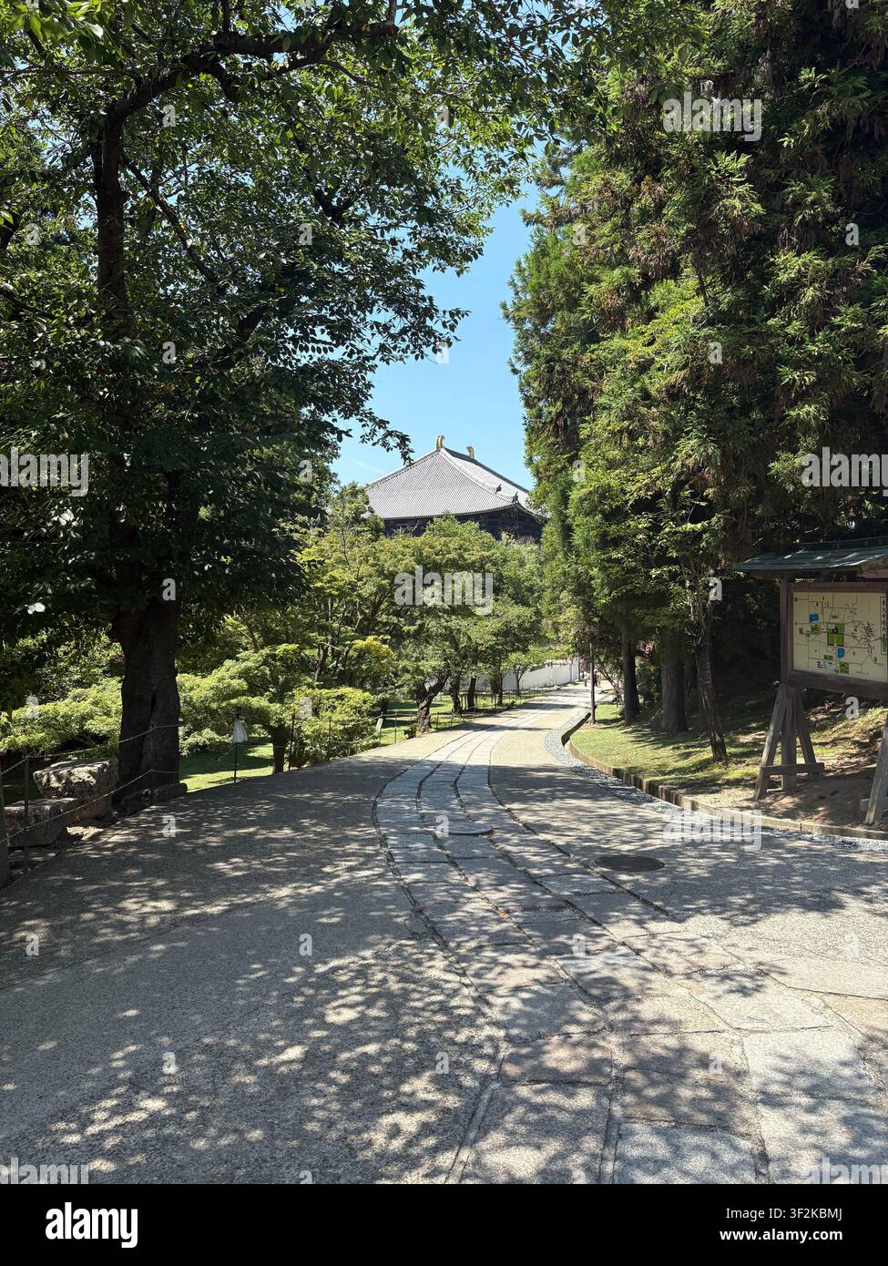 29. Juli 2025, Nara, Japan – Schattiger Steinweg, der zu einem traditionellen japanischen Tempelpavillon führt, umrahmt von dichten Sommerbäumen im historischen Park von Nara. - Smartphone-aufgenommenes Stockfoto