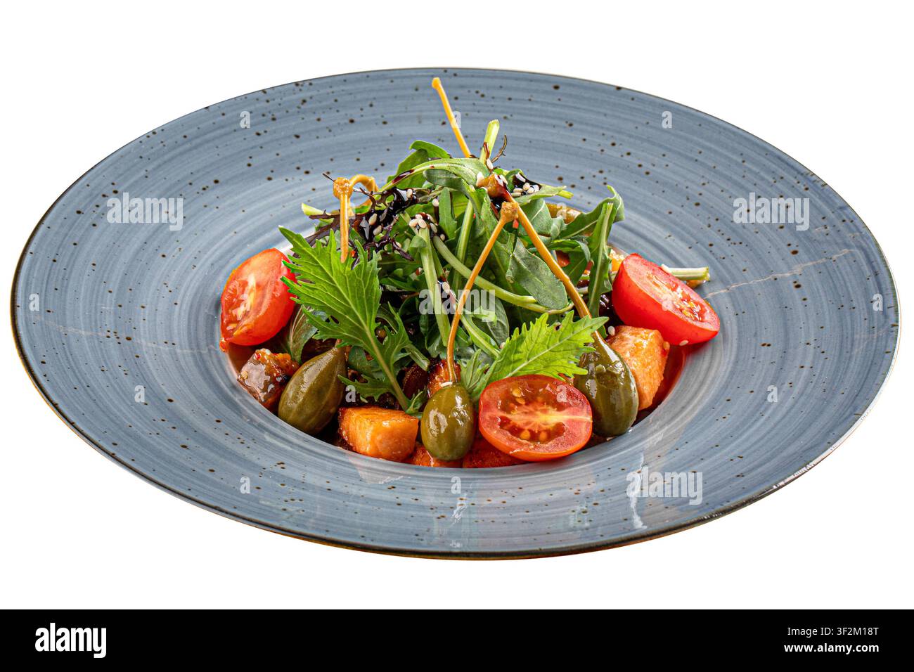 Gourmet-Lachs-Salat mit Kapfernkörnern isoliert Stockfoto