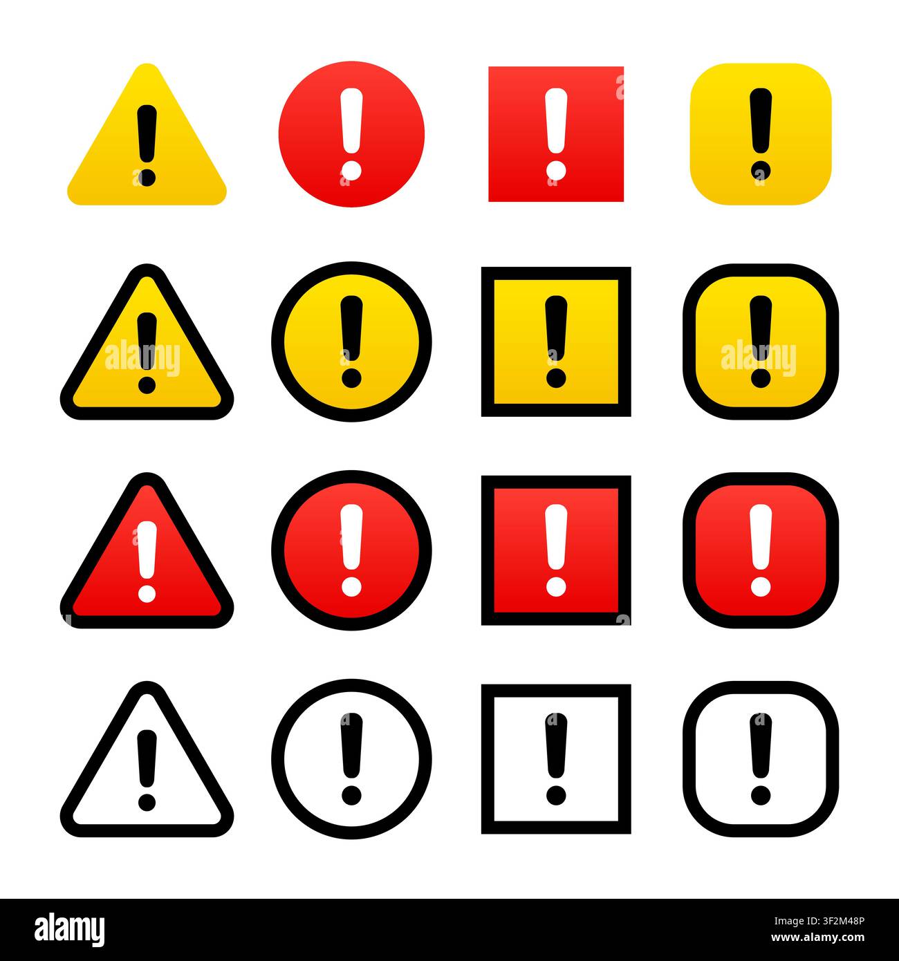 Warnung, Aufmerksamkeits-Symbol-Set. Ausrufezeichen-Symbol in Dreieck, Kreis und Quadrat. Helle Farben und Schwarz-Weiß-Linien-Ikonen-Vektorillustrationen Stock Vektor