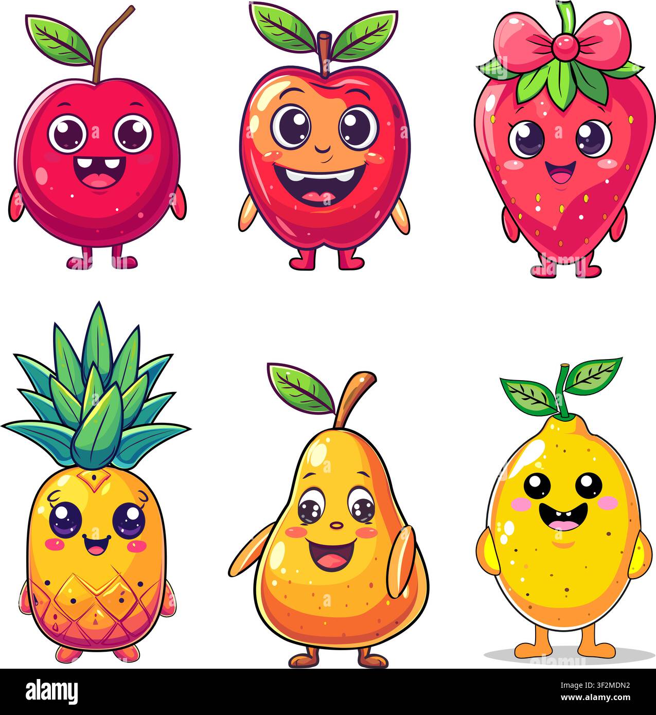 Niedliches Cartoon-Fruchtcharakter-Set mit Apfel, Birne, Zitrone, Ananas und Erdbeere. Bunte Vektorillustration für Kinder, Bildung, Spiele Stock Vektor