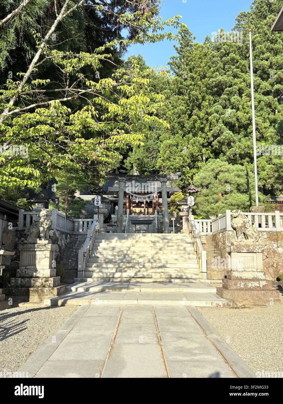 30. August 2025, Takayama, Japan – Stein gepflasterter Innenhof eines Shintoschreins, umgeben von uralten Zedern, Steinlaternen und japanischen Kalligrafie-Bannern in Takayama, Präfektur Gifu. - Smartphone-aufgenommenes Stockfoto