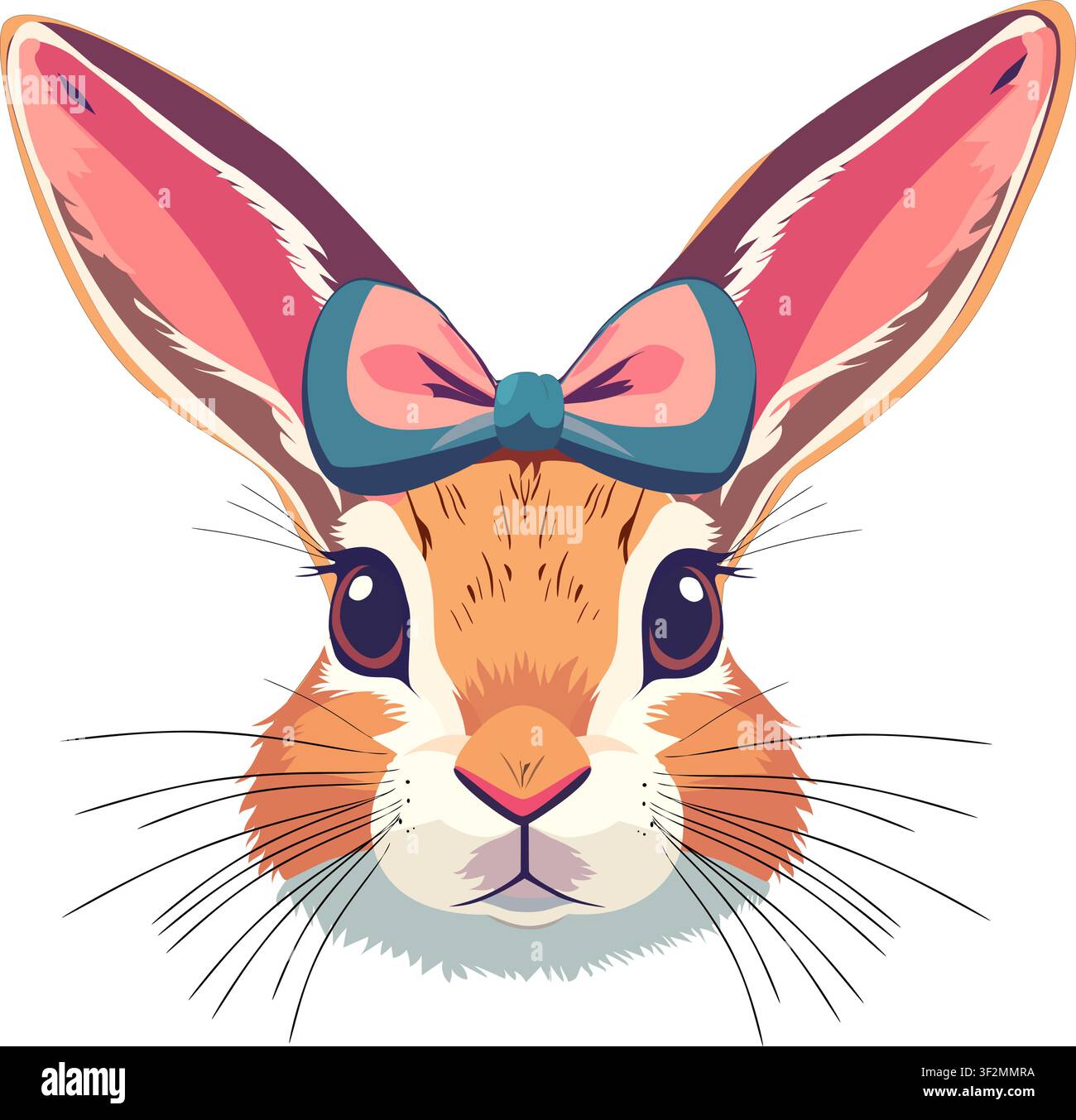 Süßes Ostern-Hasen-Gesicht mit Schleife isoliert auf weißem Hintergrund für Feiertags- und saisonale Designs. Stock Vektor
