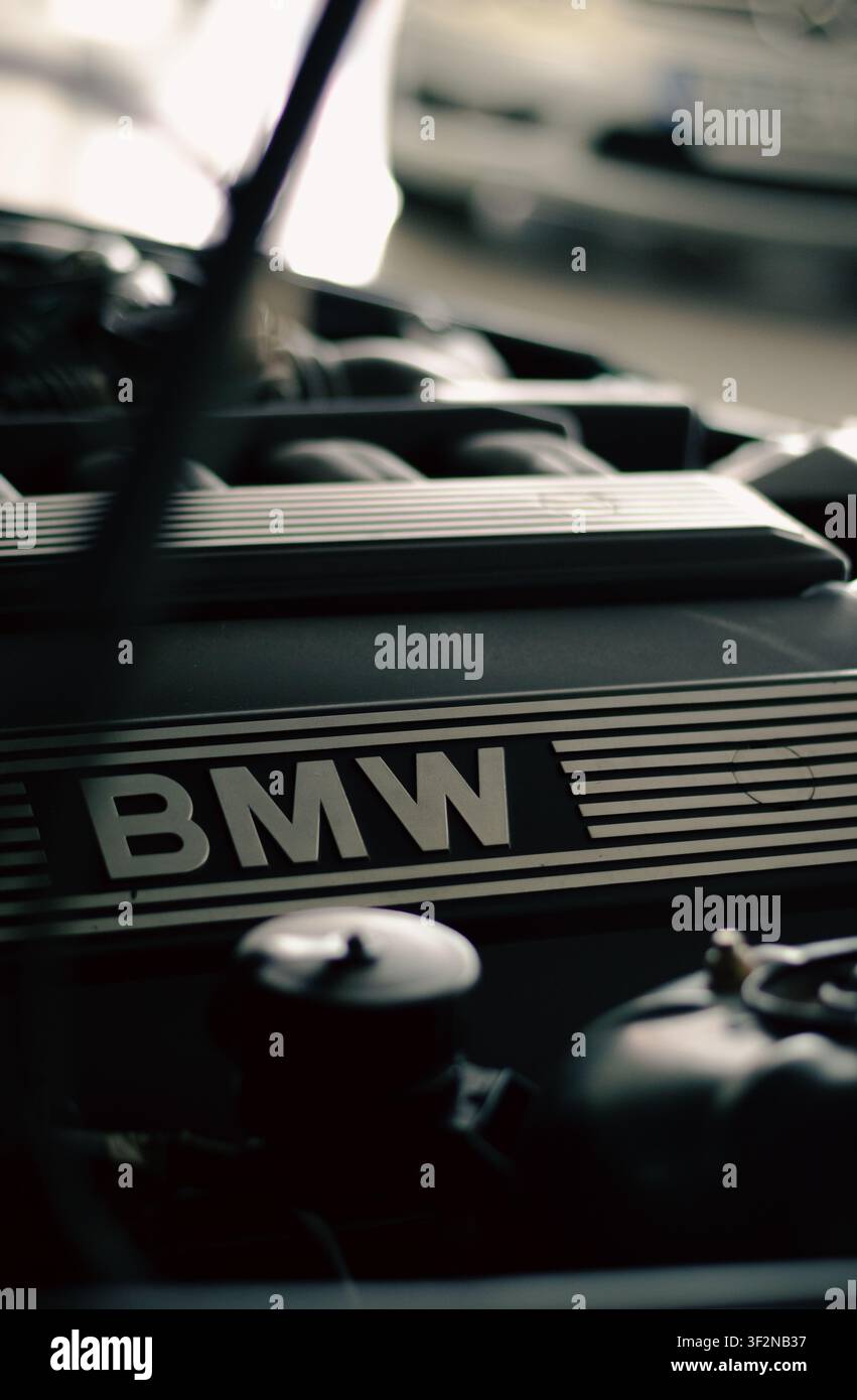 Nahaufnahme des klassischen BMW M50 Reihensechszylinder-Motorraums unter der geöffneten Motorhaube, die die ikonische strukturierte Ventilkappe und die Markenzeichen hervorhebt. Stockfoto