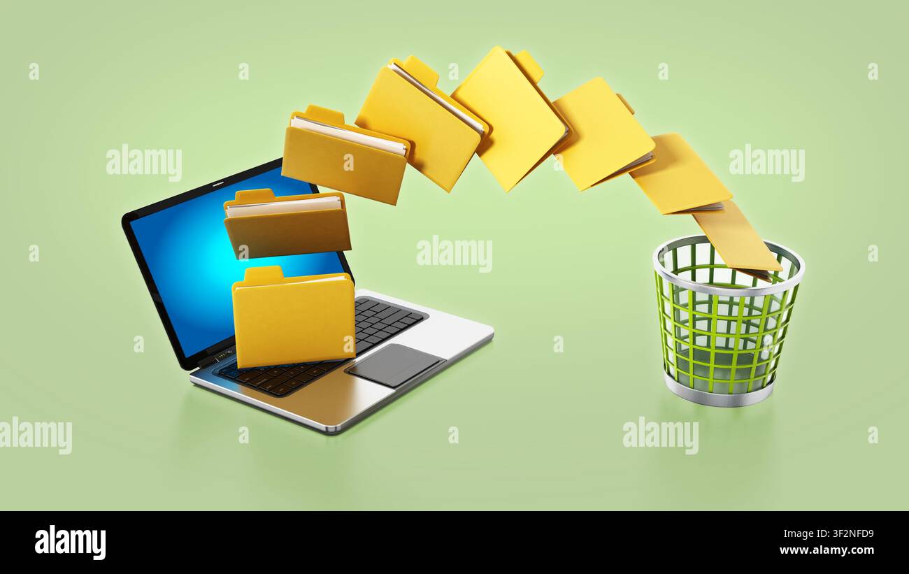 Ordner aus der Notebook-Computer in Papierkorb verschieben. 3D Illustration. Stockfoto
