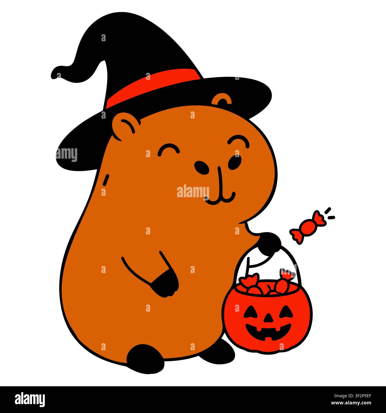 Niedlicher brauner Kapibaracharakter trägt einen schwarzen Hexenhut und hält einen Kürbiskübel gefüllt mit orangefarbenen Süßigkeiten für Halloween-Süßes oder Saures Stock Vektor