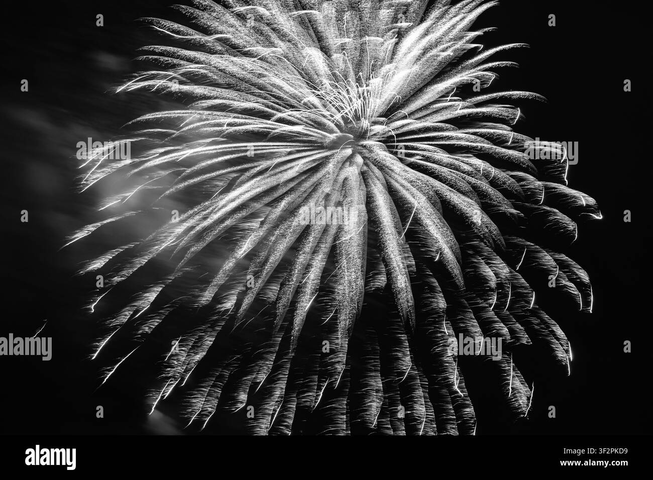 Feuerwerk feiert Jubiläum. Feuerwerk auf Feiertagsfeier. Frohes Silvester. Feiertagsfeuerwerk-Pyrotechnik am Nachthimmel. Feiern Stockfoto