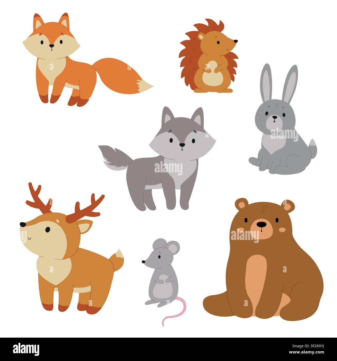 Süße Waldtiere als Vektorillustration. Waldcharaktere-Sammlung mit Fuchs, Wolf, Bär, Hirsch, Igel, Hase und Maus isoliert auf weißem Hintergrund. Niedliche Kindergarten-Design-Elemente Stock Vektor