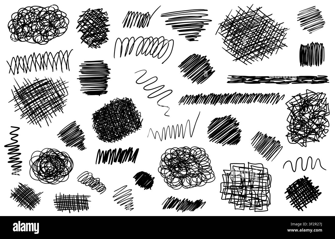 Satz von schwarzen Grunge-Doodle-Handgezeichneten Texturen und Kurven isoliert auf Weiß. Skizzenstil-Tinten-Symbolsammlung. Vektorillustration Stock Vektor