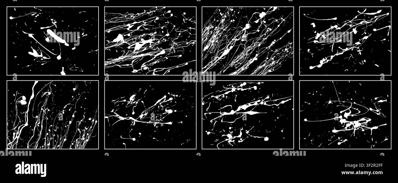 Handgezeichnetes weißes Vektor-Grunge-Texturen-Paket isoliert auf Schwarz. Detaillierte Farbspritzer. Grungy-Streifenmuster. Vektor-Illustrator Stock Vektor