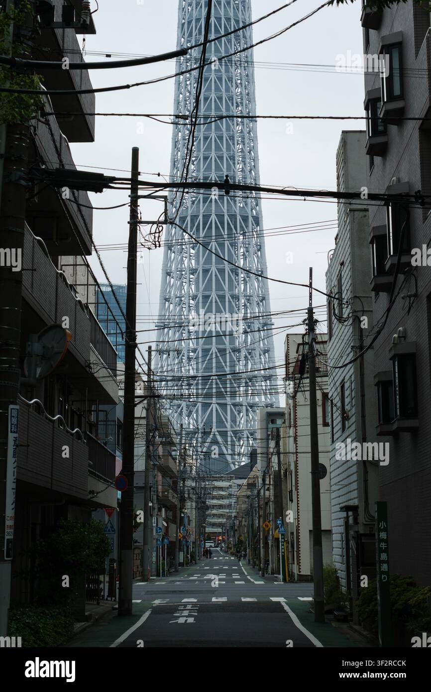 Tokyo Skytree eingerahmt von einer Wohnstraße Stockfoto