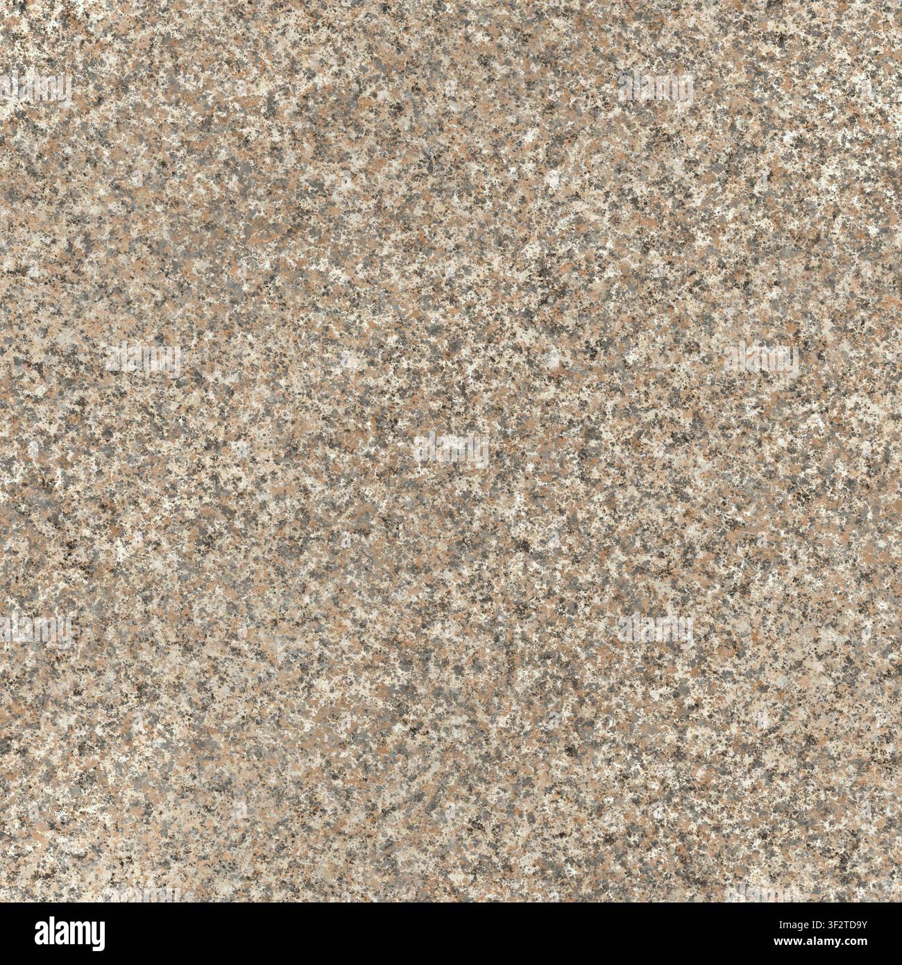 Hochauflösende Nahaufnahme von braunem Granitstein, der gesprenkelte Mineralmuster und natürliche Gesteinsstruktur zeigt. Stockfoto