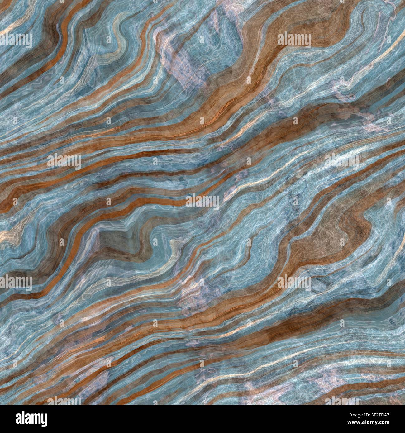 Eine abstrakte Visualisierung von lebhaftem Zobersblau und kupferbraunen, wirbelnden Mineraladern. Stockfoto