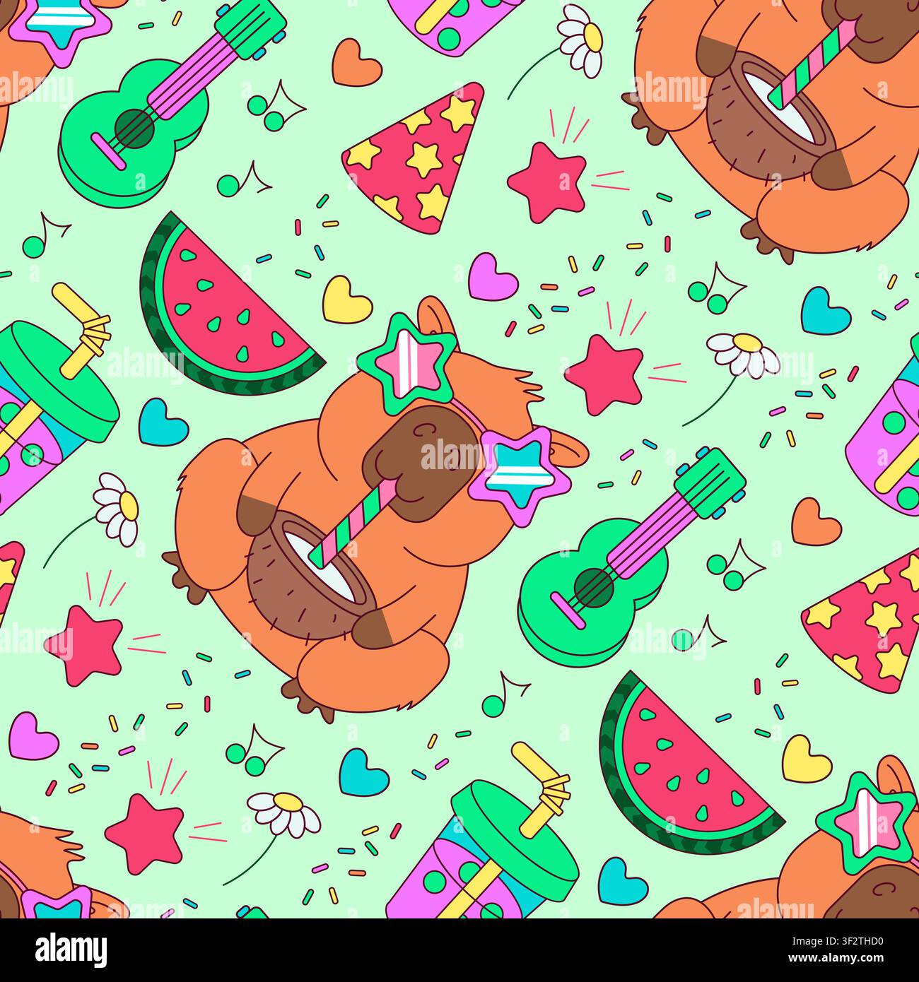 Niedliches Kapibarapattern für den Sommer, nahtloses Muster, Kawaii-Tierhintergrund mit Wassermelone und Ukulele. Niedliches Kapibarapattern für den Sommer, nahtloses Muster mit kawaii Ani Stock Vektor