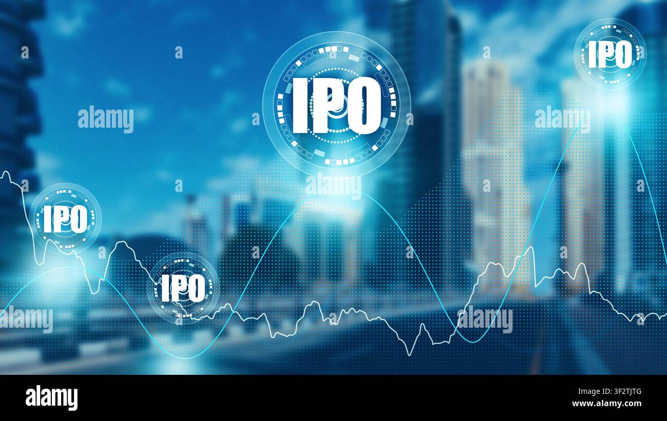 Der Börsengang-IPO-Prozess zeigt Wachstum an der Börse in einer städtischen Umgebung mit Gebäuden und Diagrammen Stockfoto