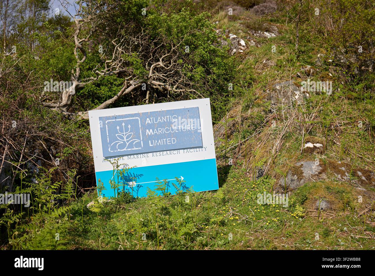 Wegweiser zu Ardtoe Mariculture Ltd. Ardtoe Meeresforschungsanlage. Ardtoe. Highland, Schottland Stockfoto