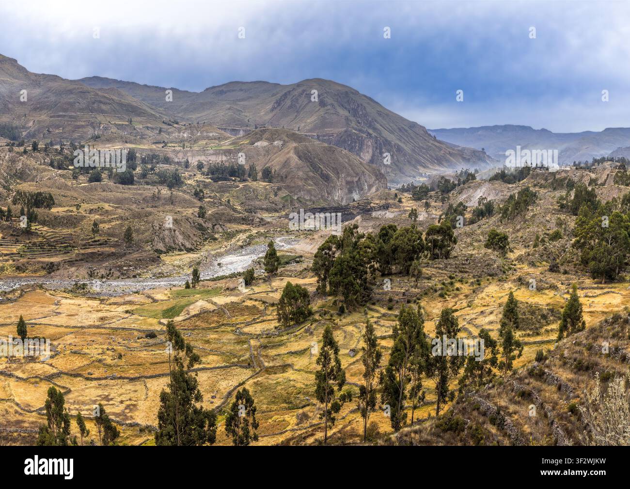 Terrassenlandschaft des Andentalers im Colca-Tal mit Fluss, schroffen Bergen und traditioneller Hochland-Landwirtschaft im Süden Perus Stockfoto