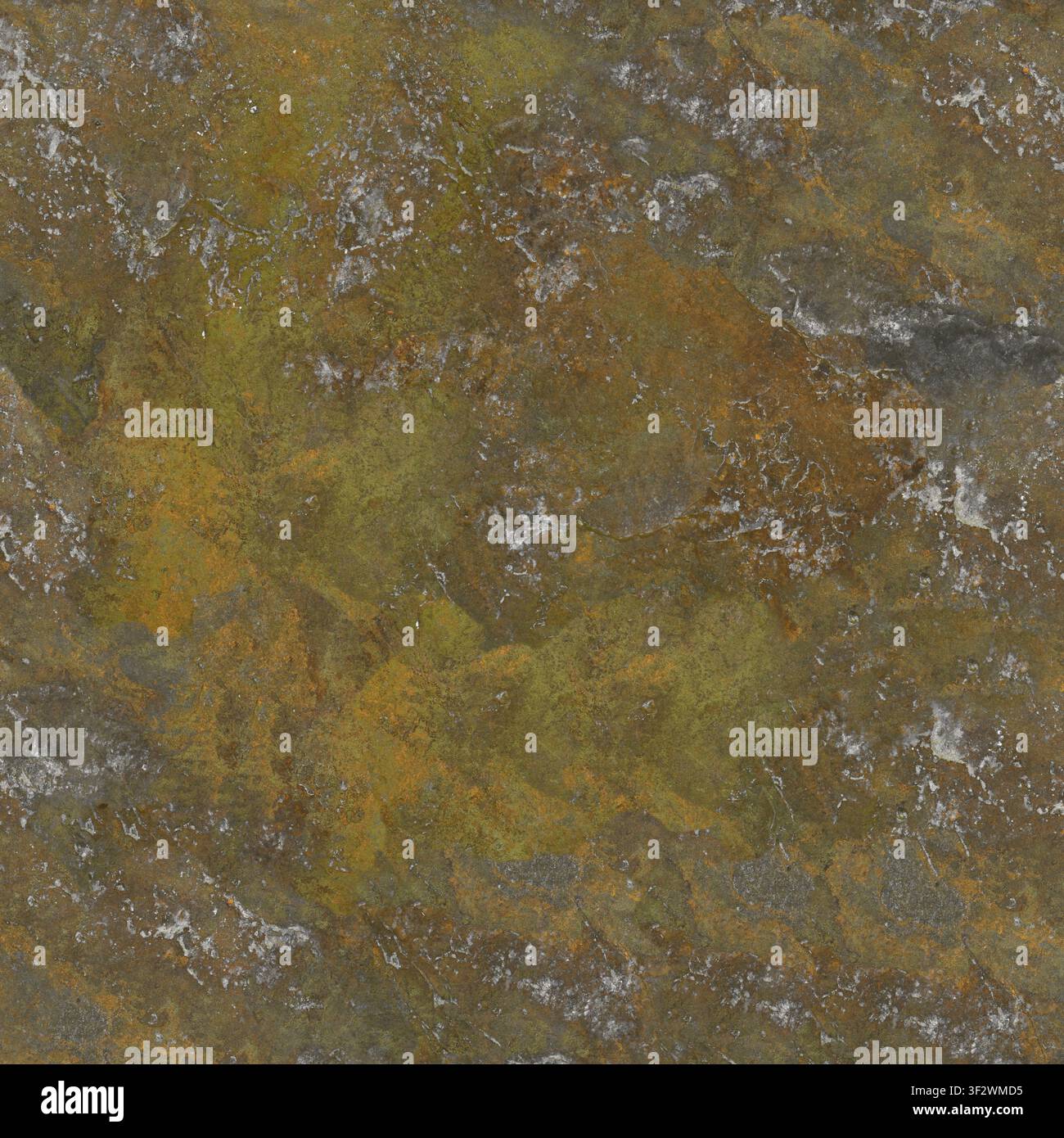 Eine detaillierte Textur einer mineralreichen Gesteinsoberfläche mit rostfarbener Oxidation und dunkelgrauen Flecken. Stockfoto