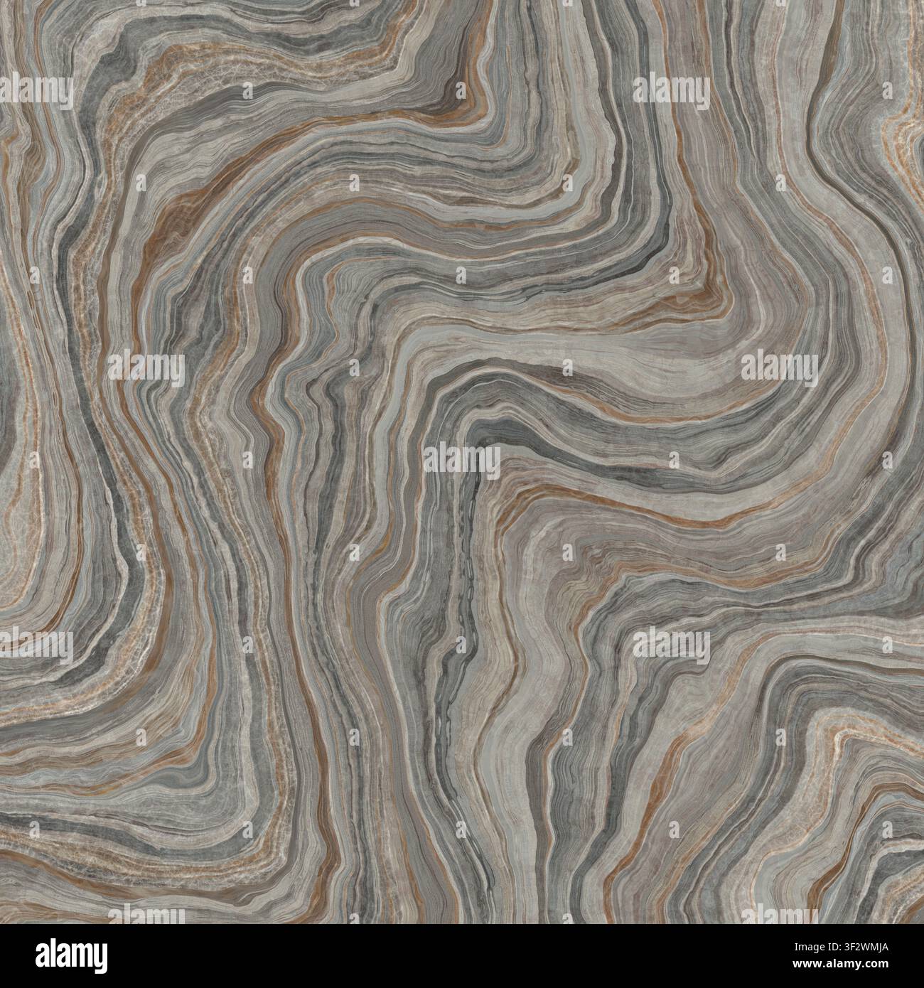 Eine abstrakte Leinwand, die wirbelnde Schichten aus Schiefergrau, Schokoladenbraun und bronzefarbenen Mineralien darstellt. Stockfoto