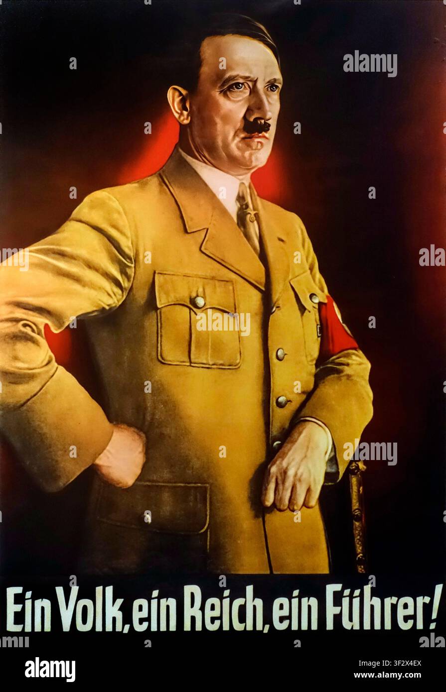 Deutsches Vintage-Propagandaposter aus dem Zweiten Weltkrieg mit Adolf Hitler in brauner Militäruniform und rotem Nazi-Armband mit Hakenkreuz Stockfoto